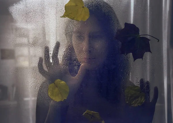 Silhouette Woman Wet Glass Rainy Day Autumn Depression — Stock Photo, Image