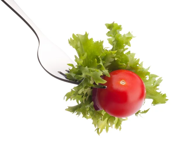 Salat und Tomaten auf Gabel — Stockfoto