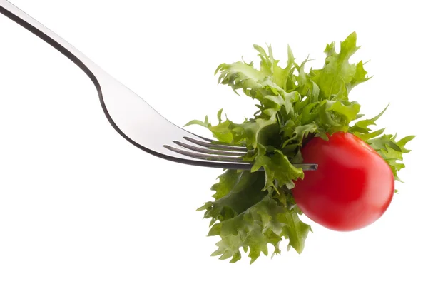 Fresh salad and cherry tomato on fork — Stock Photo, Image