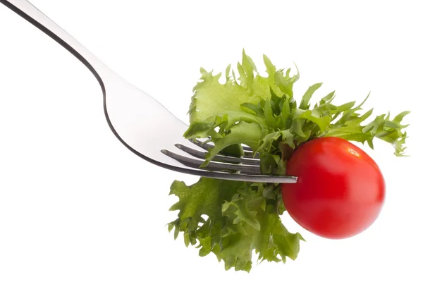 Salat und Kirschtomaten auf Gabel — Stockfoto