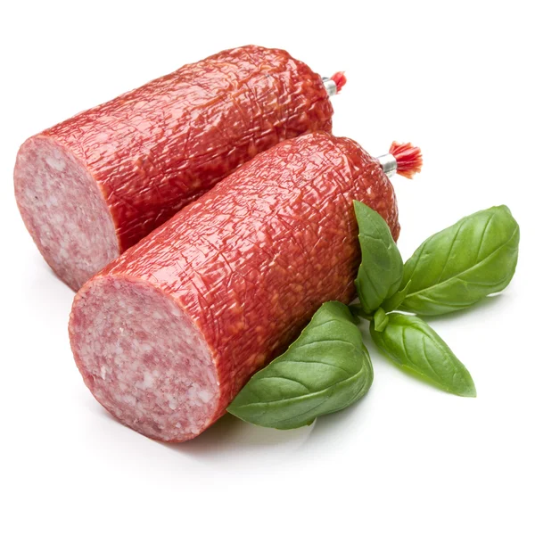 Salami sausages and basil leaves — Stock Photo, Image