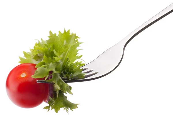 Salad and cherry tomato on fork — Stock Photo, Image