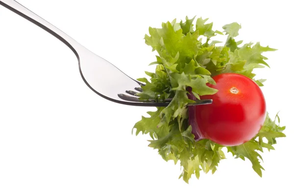Salat und Tomaten auf Gabel — Stockfoto