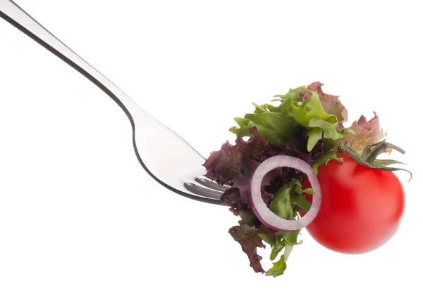 Ensalada y tomate en tenedor — Foto de Stock