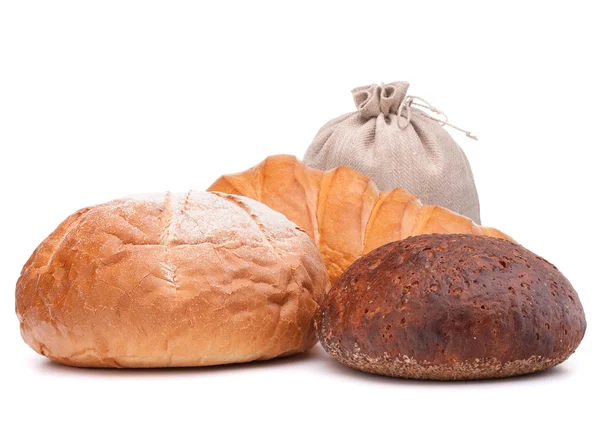 Pão fresco e saco de farinha — Fotografia de Stock
