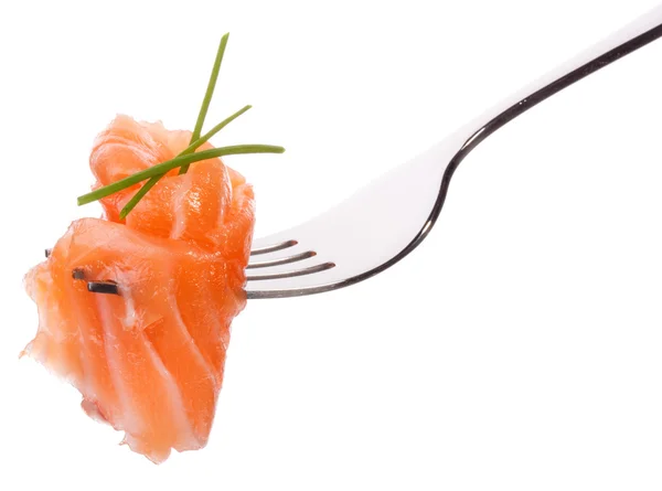 Salmon piece on fork — Stock Photo, Image