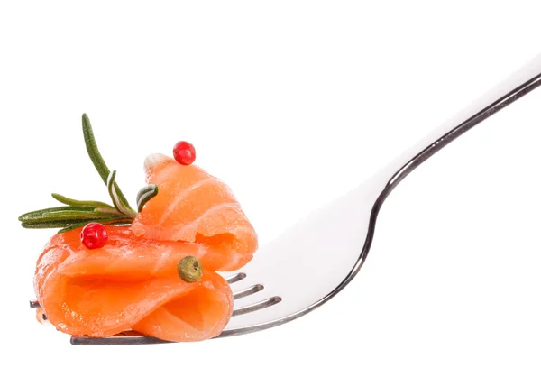 Salmon piece on fork — Stock Photo, Image