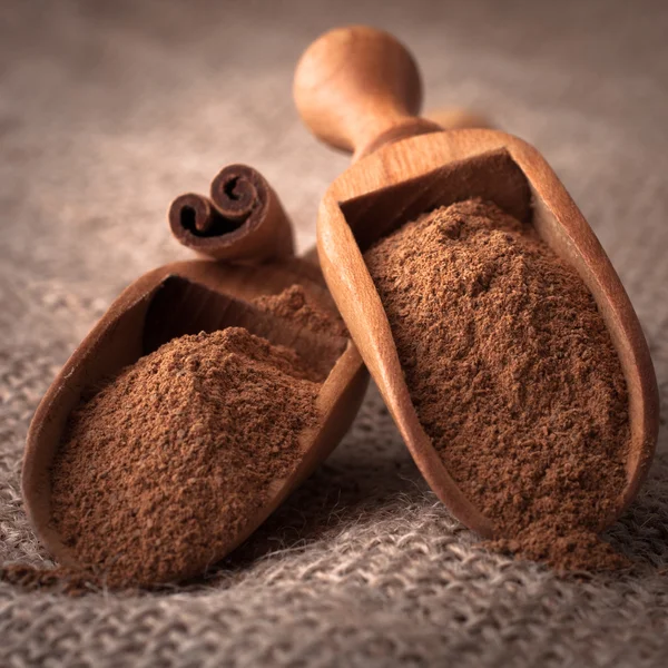Ground cinnamon spice powder in wooden spoon — Stock Photo, Image