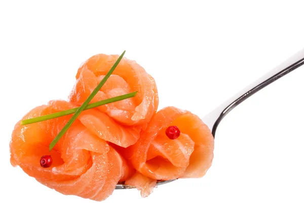 Salmon piece on fork — Stock Photo, Image