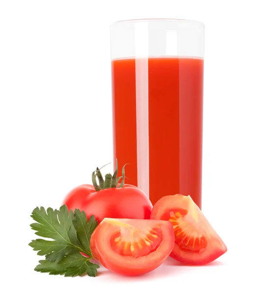 Tomatengemüsesaft im Glas und Tomaten — Stockfoto