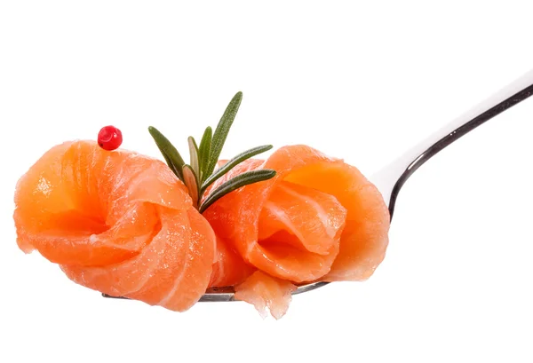 Salmon piece on fork — Stock Photo, Image