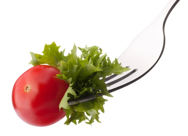 Fresh salad and cherry tomato on fork — Stock Photo, Image