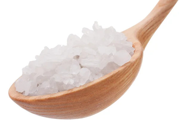 Mineral salt in wooden spoon — Stock Photo, Image