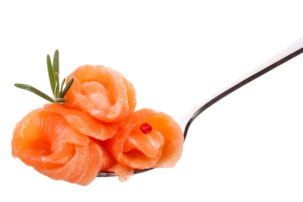 Salmon piece on fork — Stock Photo, Image