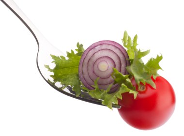 taze salata ve çatal üzerinde kiraz domates