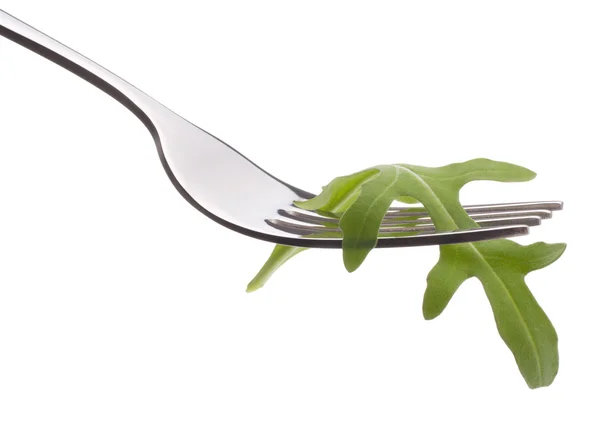 Frischer Rucola-Salat auf Gabel — Stockfoto