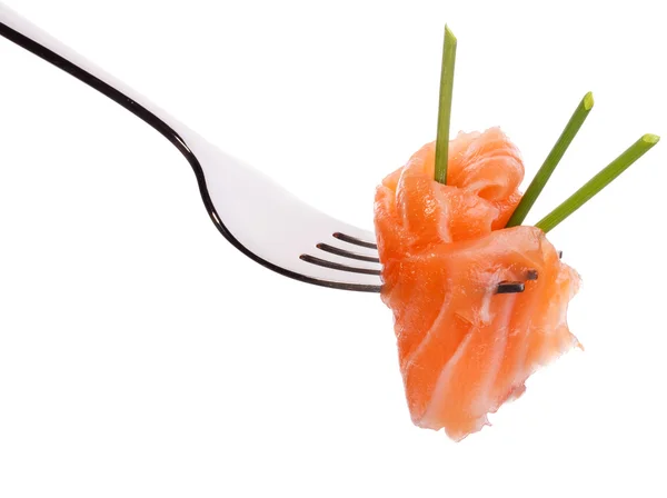 Salmon piece on fork — Stock Photo, Image