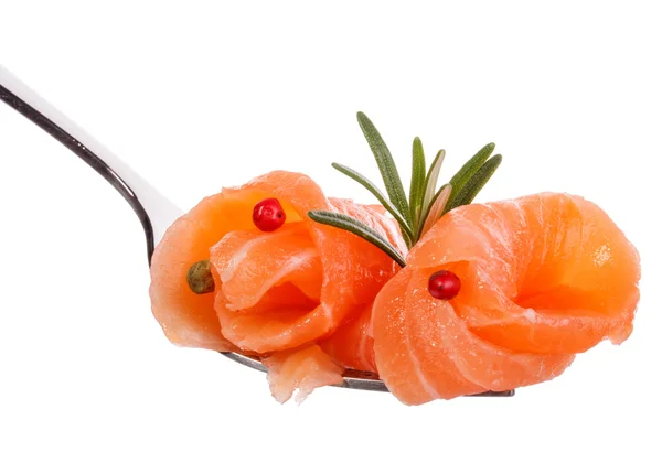 Salmon piece with rosemary on fork — Stock Photo, Image