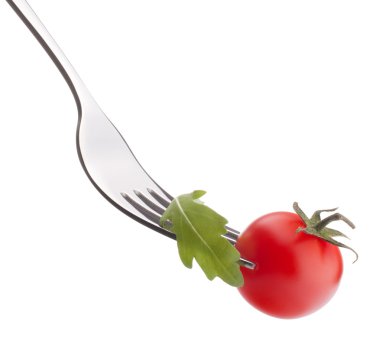 Çatal üzerinde rucola ve kiraz domates