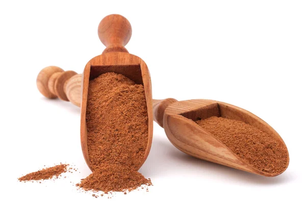 Ground cinnamon in wooden spoons — Stock Photo, Image