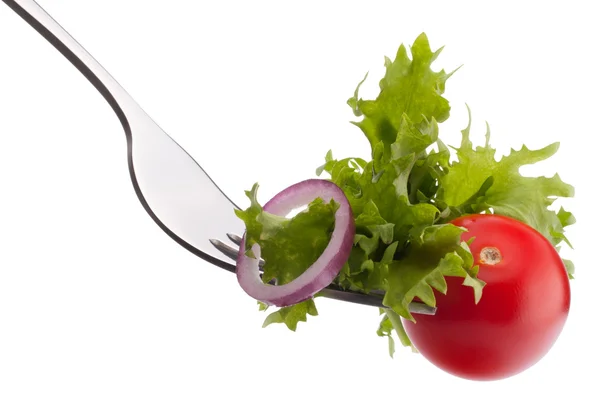Fresh salad and cherry tomato on fork — Stock Photo, Image