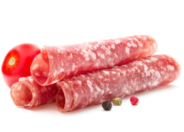 Plasterki kiełbasa salami z pomidorem i pieprzu — Zdjęcie stockowe