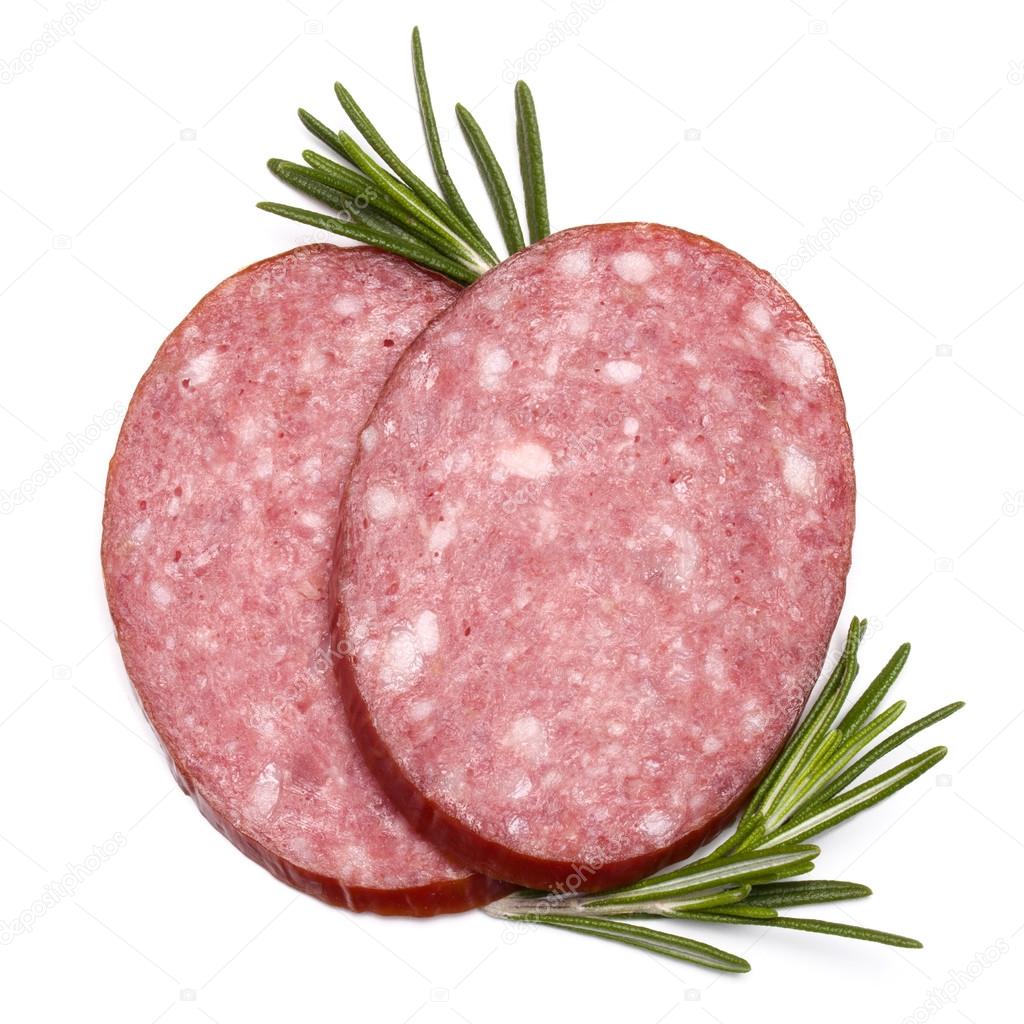 Smoked sausage salami slices with rosemary
