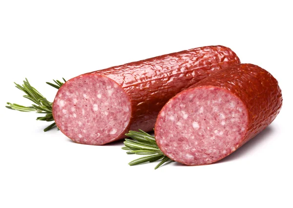 Salame affumicato metà con erba di rosmarino — Foto Stock