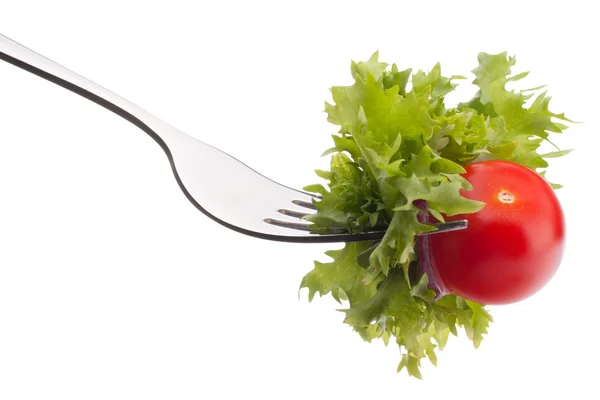 Salada fresca e tomate cereja em garfo — Fotografia de Stock