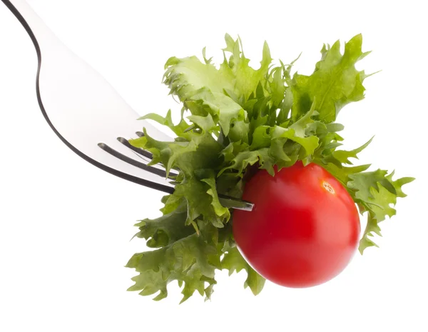 Salada e tomate cereja em garfo — Fotografia de Stock