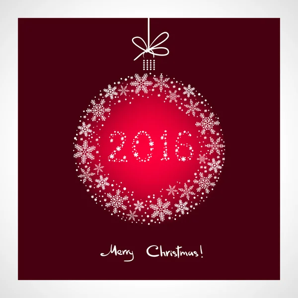Buon Natale e Felice Anno Nuovo 2016. palla rossa stilizzata con fiocchi di neve. Stagione modello di biglietto di auguri — Vettoriale Stock