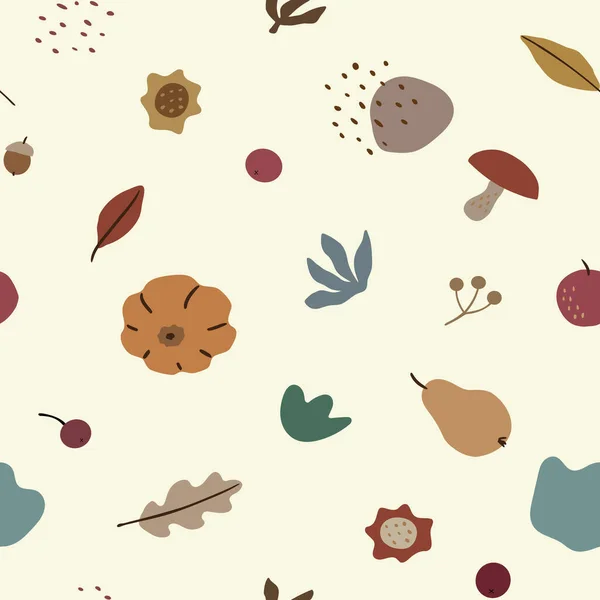 秋天的无缝隙花纹树叶 蘑菇和浆果 秋季色彩设计矢量图解 感恩节和除夕夜的概念 — 图库矢量图片