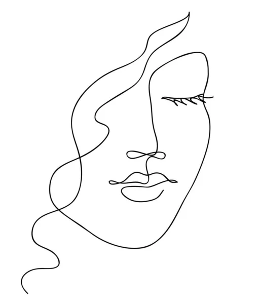 Hermosa cara de chica. Atractivo joven mujer retrato concepto de belleza femenina. Dibujo continuo de línea. Ilustración vectorial en blanco y negro — Vector de stock