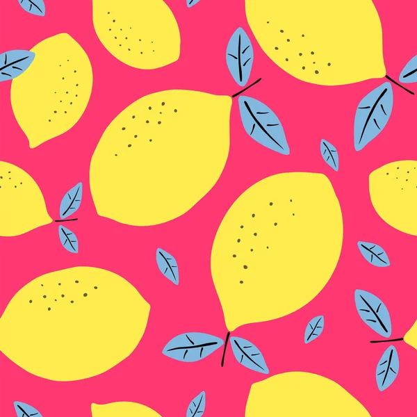 Nahtloses Muster Mit Zitronen Zitrusfrüchte Moderne Textur Gelb Magenta Lila — Stockvektor