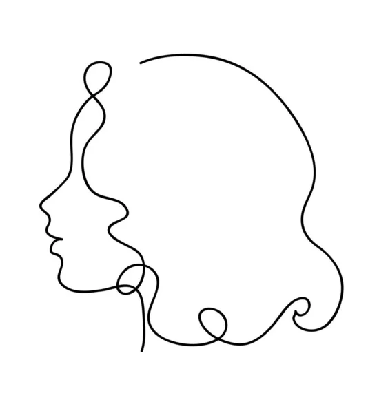 Perfil de mulher com cabelo comprido. Retrato conceito de beleza feminina. Desenho de linha contínua ilustração vetorial — Vetor de Stock