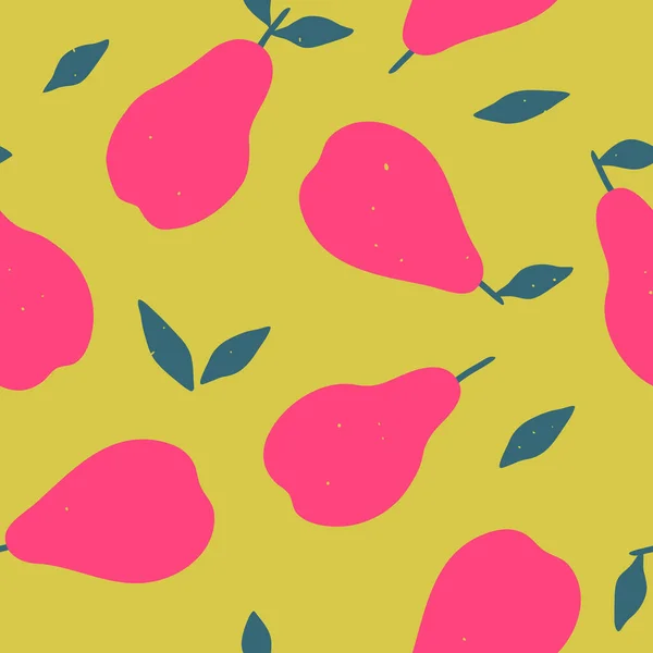 Naadloos patroon met rode peren. Fruit moderne textuur op goudgele groene achtergrond. Abstracte vectorgrafische illustratie. — Stockvector