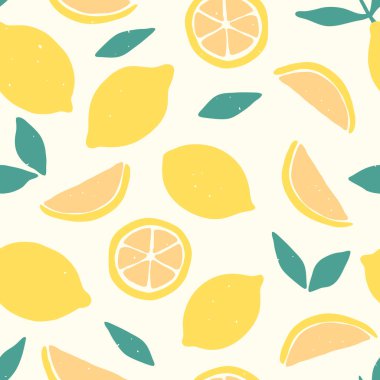 Limonlu kusursuz desen. Beyaz arka planda turunçgillerin modern dokusu. Soyut vektör grafik çizimi.