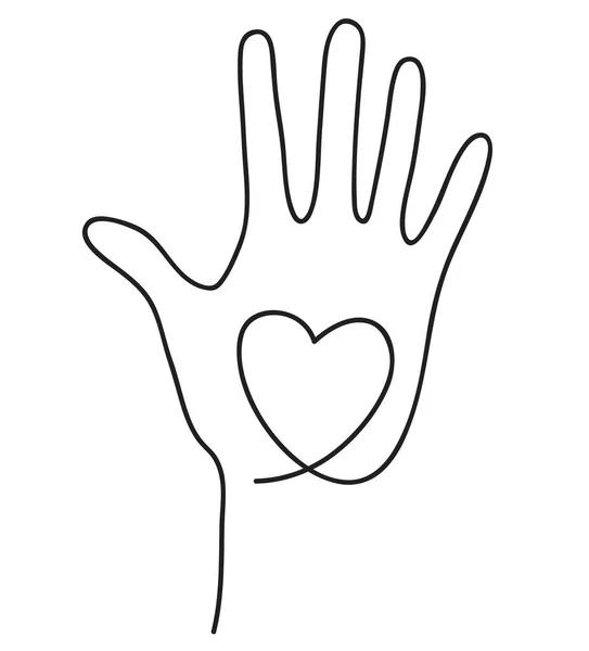 Kalbi tutan insan eli. Soyut aşk sembolü. Bakım, destek ve yardım konsepti. Aralıksız çizim sanatı vektör illüstrasyonu — Stok Vektör