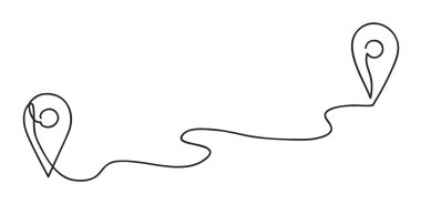 Haritadaki iki nokta arasındaki soyut trafik rotası. Yer belirleme işaretleri ve gezi planı. Sürekli çizim çizimi çizimi çizimi.