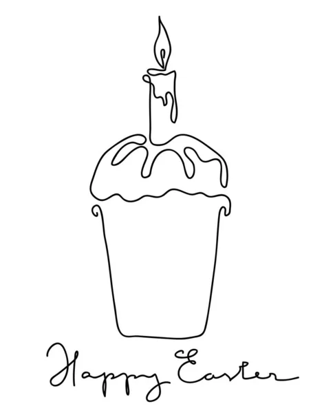 Pastel de Pascua con una vela icono del logotipo en blanco y negro. Ilustración continua de un vector de dibujo de línea. estilo de arte de línea — Archivo Imágenes Vectoriales