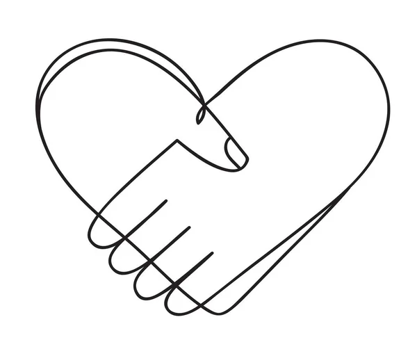 Hjärta av handslag som vänskap och kärlek ikon. Kontinuerlig teckningsritning. Handritad klotter vektor illustration i en kontinuerlig linje. Line konst dekorativ design. — Stock vektor
