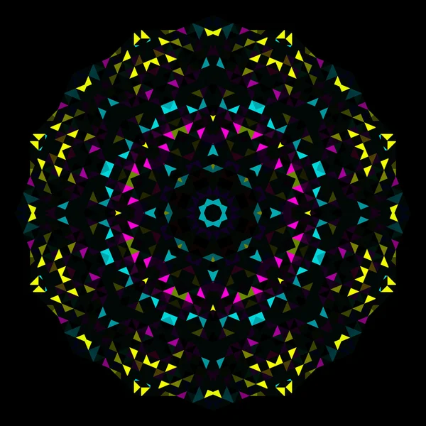 Abstraktní geometrický jasný kaleidoskop vzor. Kruhový symetrický design. Kulatý květinový ozdoba — Stockový vektor