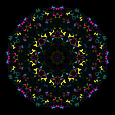 Soyut Geometrik Parlak Kaleydoskop Deseni. Çember Simetrik Tasarımı. Yuvarlak Çiçek Süslemesi