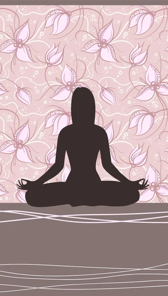 Kadın ve çiçek Backgrount meditasyon ile yoga kartı — Stok Vektör