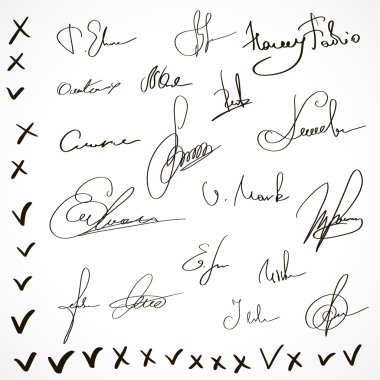 Set of various fictional signatures and ticks