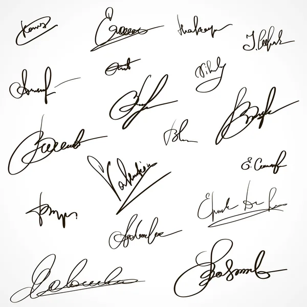 Firmas establecidas. Grupo de autógrafos imaginarios — Vector de stock