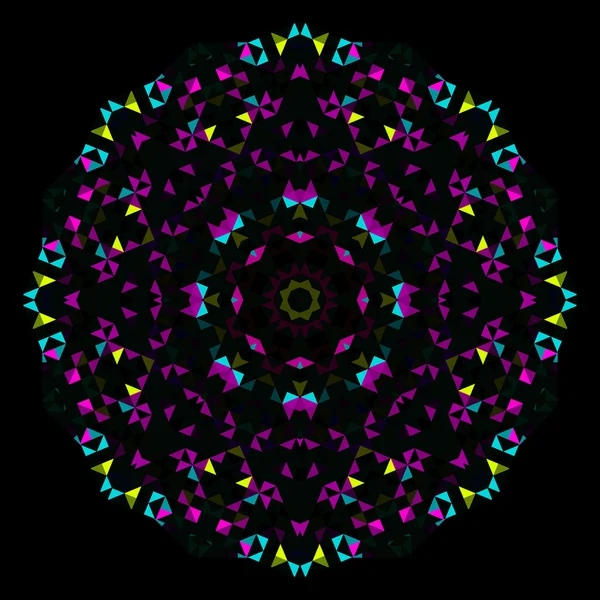 Padrão geométrico brilhante abstrato do caleidoscópio. Desenho simétrico do círculo. Ornamento de flor redonda — Vetor de Stock