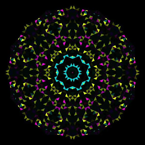 Abstraktní geometrický jasný kaleidoskop vzor. Kruhový symetrický design. Kulatý květinový ozdoba — Stockový vektor