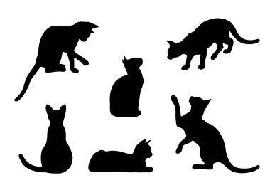 Kedi siluetleri. Farklı pozlarda siyah kediler, evcil hayvan iletişimi, vektör çizimi. Çocuk odası, veteriner kliniği ve evcil hayvan mağazası için logo tasarımı.