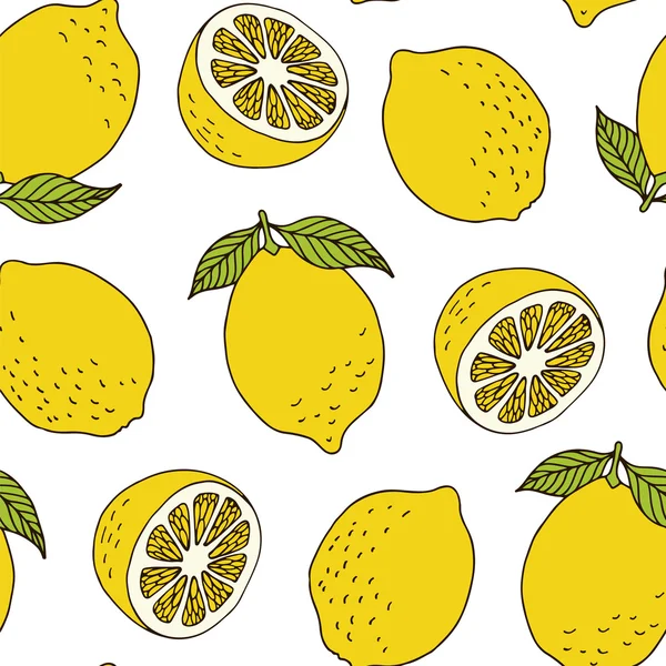 Seamless pattern with yellow lemons on white background — Stock Vector